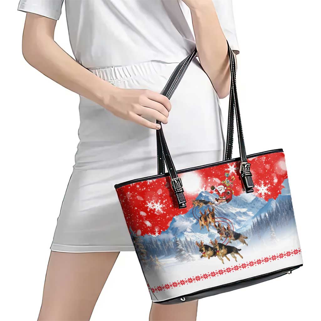 German Shepherd Christmas Leather Tote Bag with Santa Sleigh Ride and Snowy Mountain Design - Wonder Print Shop