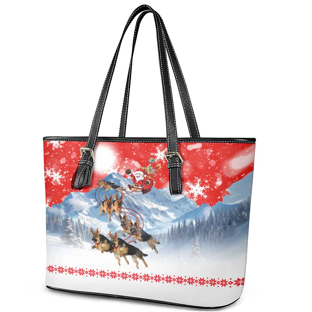 German Shepherd Christmas Leather Tote Bag with Santa Sleigh Ride and Snowy Mountain Design - Wonder Print Shop