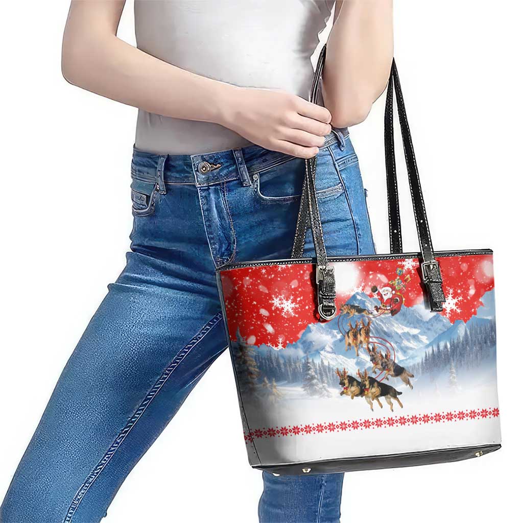 German Shepherd Christmas Leather Tote Bag with Santa Sleigh Ride and Snowy Mountain Design - Wonder Print Shop