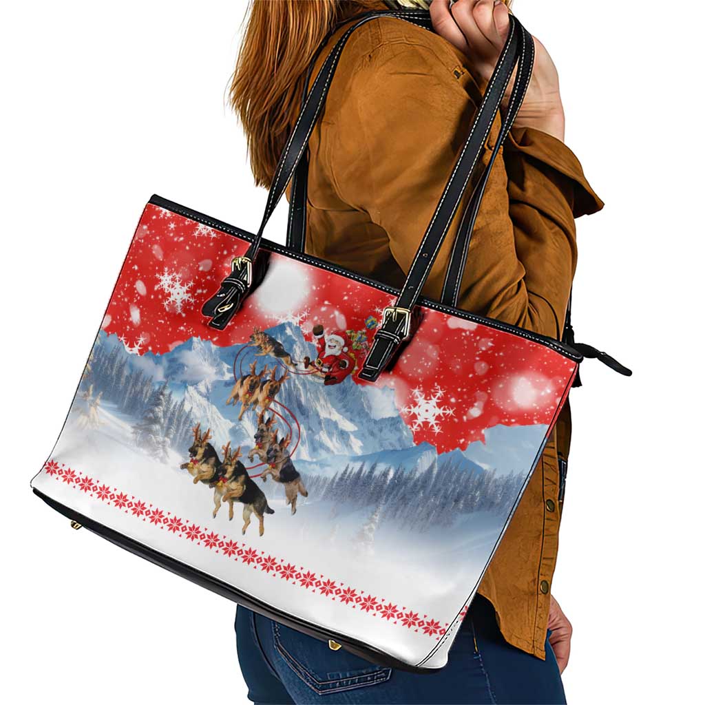 German Shepherd Christmas Leather Tote Bag with Santa Sleigh Ride and Snowy Mountain Design - Wonder Print Shop