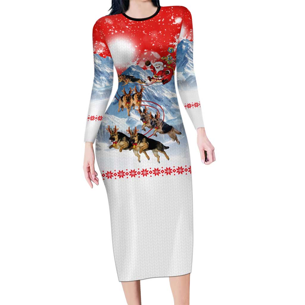 German Shepherd Christmas Long Sleeve Bodycon Dress with Santa Sleigh Ride and Snowy Mountain Design - undefined