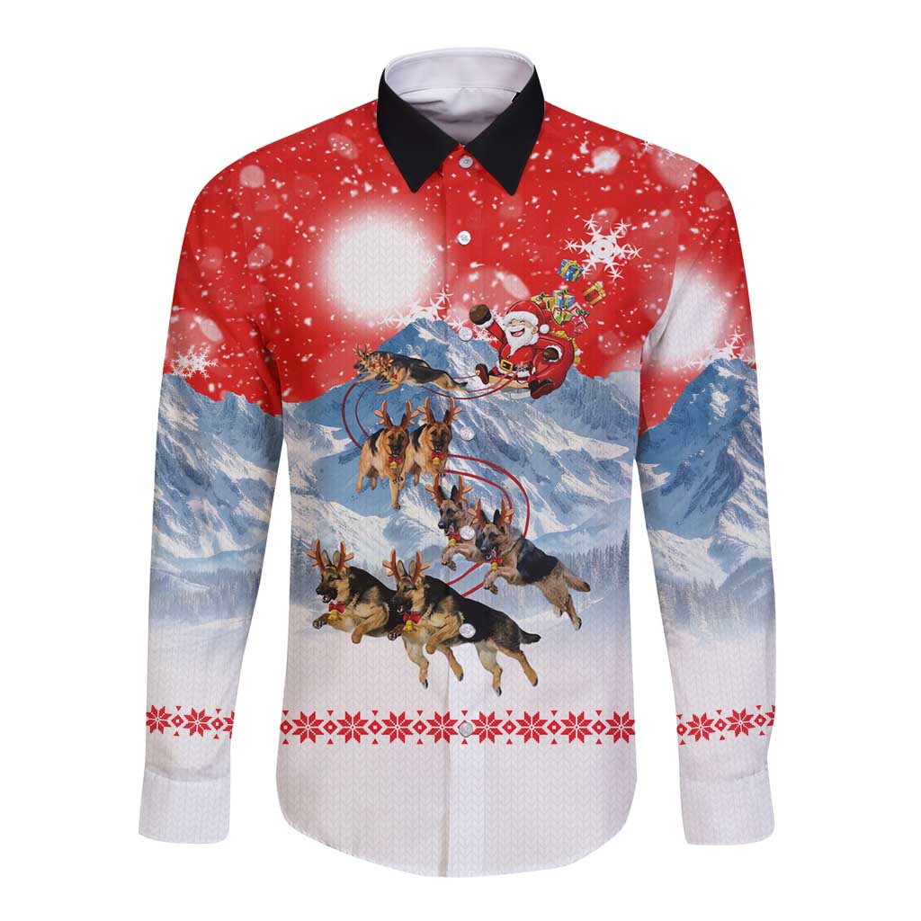 German Shepherd Christmas Long Sleeve Button Shirt with Santa Sleigh Ride and Snowy Mountain Design - Wonder Print Shop