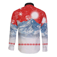 German Shepherd Christmas Long Sleeve Button Shirt with Santa Sleigh Ride and Snowy Mountain Design - Wonder Print Shop