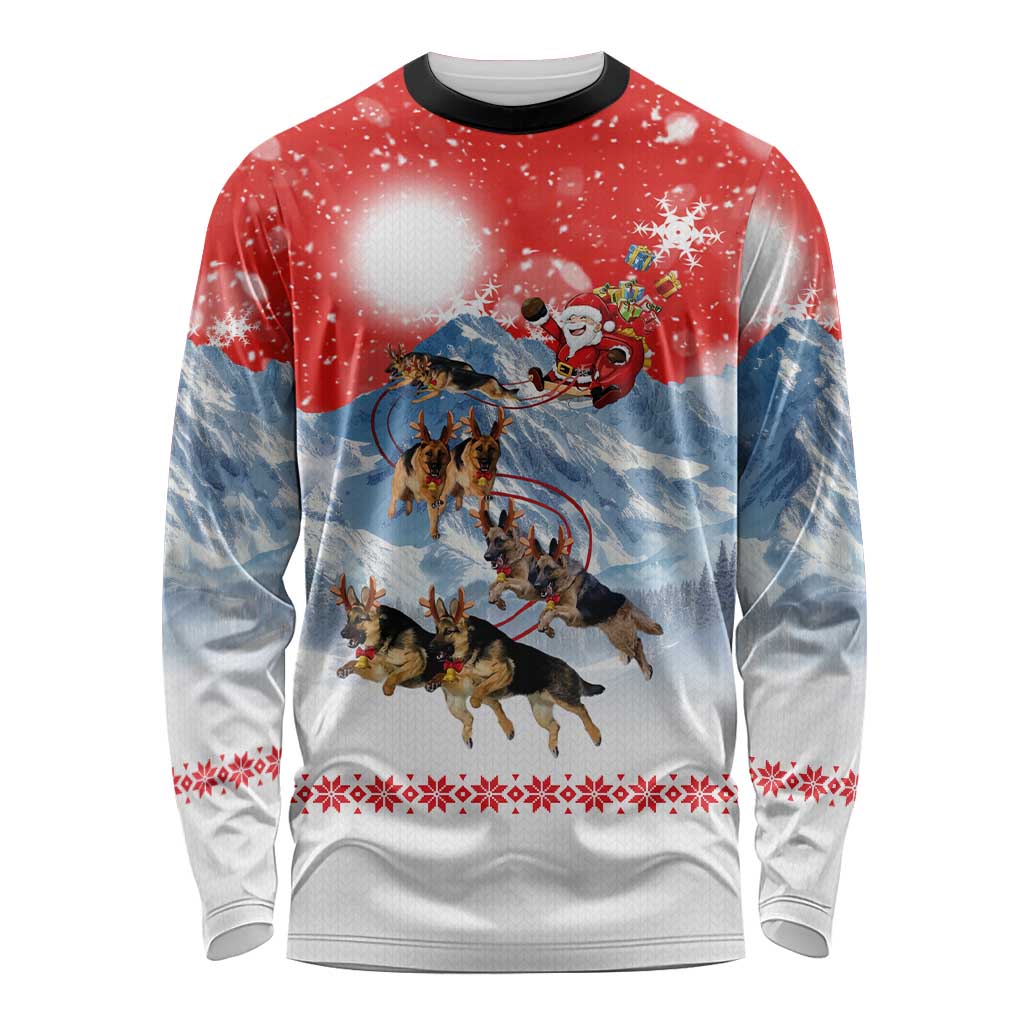 German Shepherd Christmas Long Sleeve Shirt with Santa Sleigh Ride and Snowy Mountain Design - Wonder Print Shop