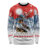 German Shepherd Christmas Long Sleeve Shirt with Santa Sleigh Ride and Snowy Mountain Design - Wonder Print Shop