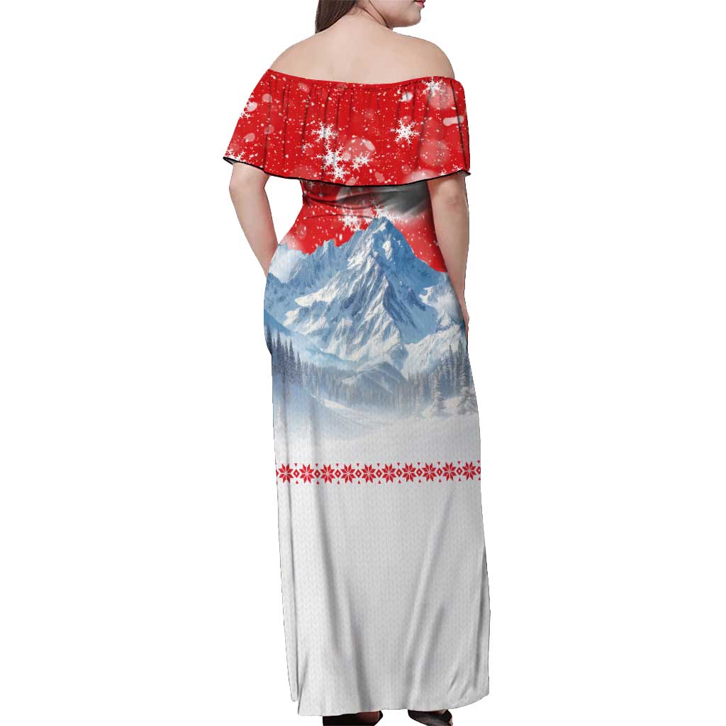 German Shepherd Christmas Off Shoulder Maxi Dress with Santa Sleigh Ride and Snowy Mountain Design - Wonder Print Shop