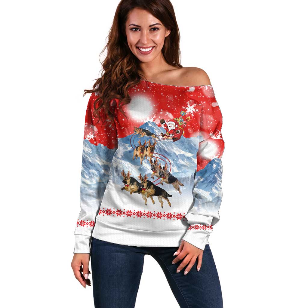 German Shepherd Christmas Off Shoulder Sweater with Santa Sleigh Ride and Snowy Mountain Design - Wonder Print Shop