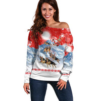 German Shepherd Christmas Off Shoulder Sweater with Santa Sleigh Ride and Snowy Mountain Design - Wonder Print Shop