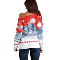 German Shepherd Christmas Off Shoulder Sweater with Santa Sleigh Ride and Snowy Mountain Design - Wonder Print Shop