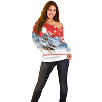 German Shepherd Christmas Off Shoulder Sweater with Santa Sleigh Ride and Snowy Mountain Design - Wonder Print Shop