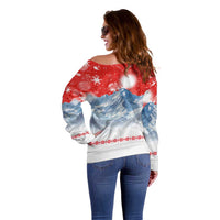 German Shepherd Christmas Off Shoulder Sweater with Santa Sleigh Ride and Snowy Mountain Design - Wonder Print Shop