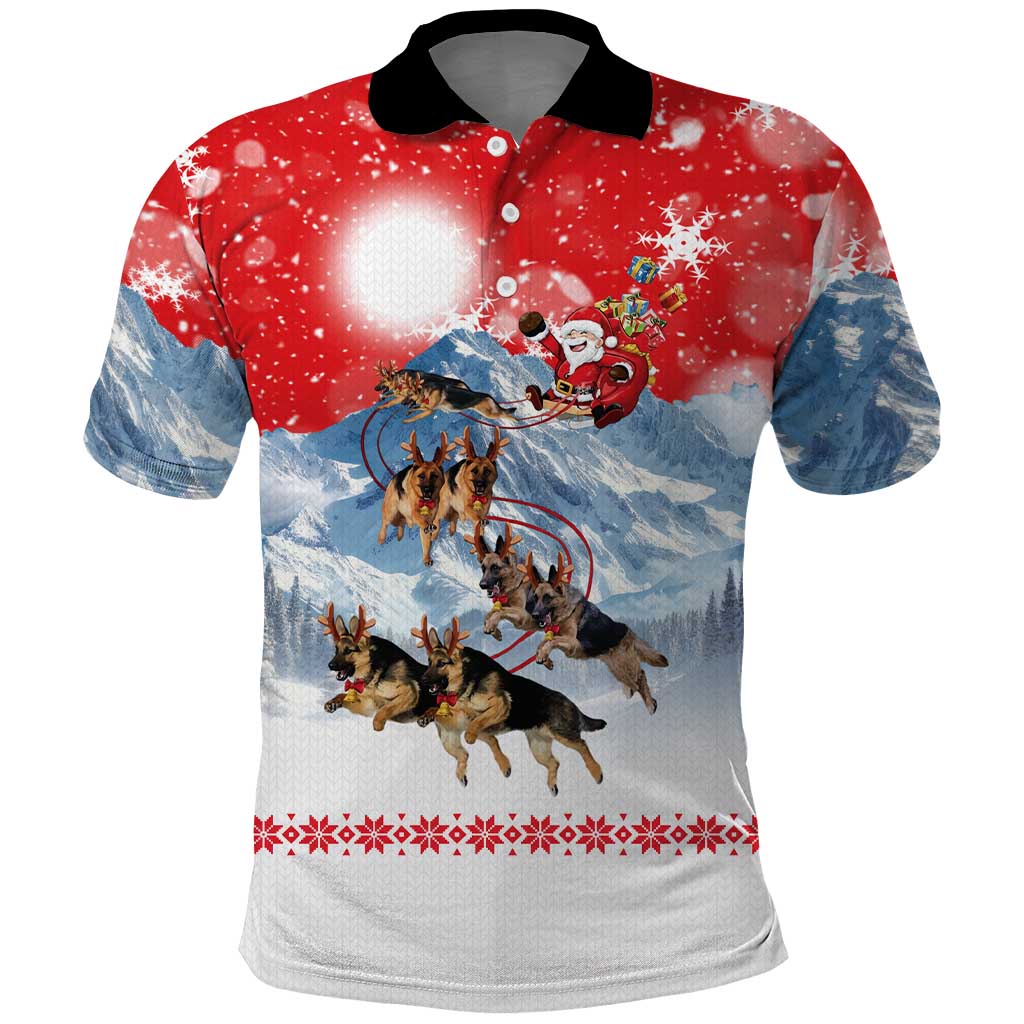 German Shepherd Christmas Polo Shirt with Santa Sleigh Ride and Snowy Mountain Design - Wonder Print Shop