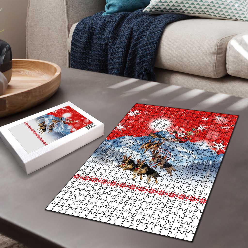 German Shepherd Christmas Puzzle with Santa Sleigh Ride and Snowy Mountain Design - Wonder Print Shop
