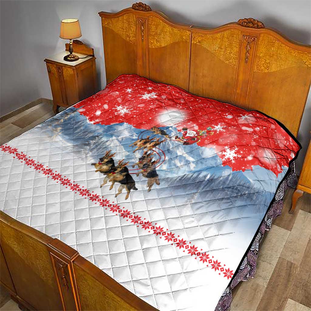German Shepherd Christmas Quilt with Santa Sleigh Ride and Snowy Mountain Design - Wonder Print Shop