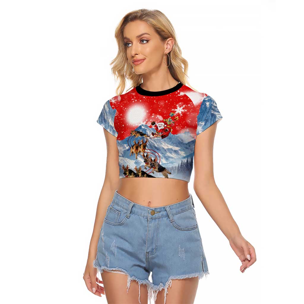 German Shepherd Christmas Raglan Cropped T Shirt with Santa Sleigh Ride and Snowy Mountain Design - Wonder Print Shop