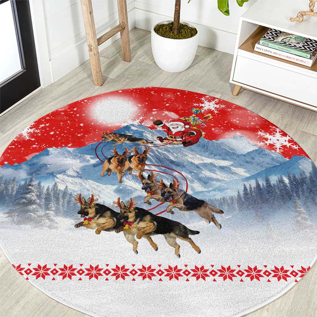 German Shepherd Christmas Round Carpet with Santa Sleigh Ride and Snowy Mountain Design - Wonder Print Shop