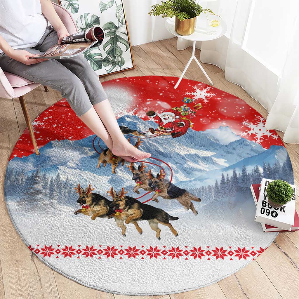 German Shepherd Christmas Round Carpet with Santa Sleigh Ride and Snowy Mountain Design - Wonder Print Shop