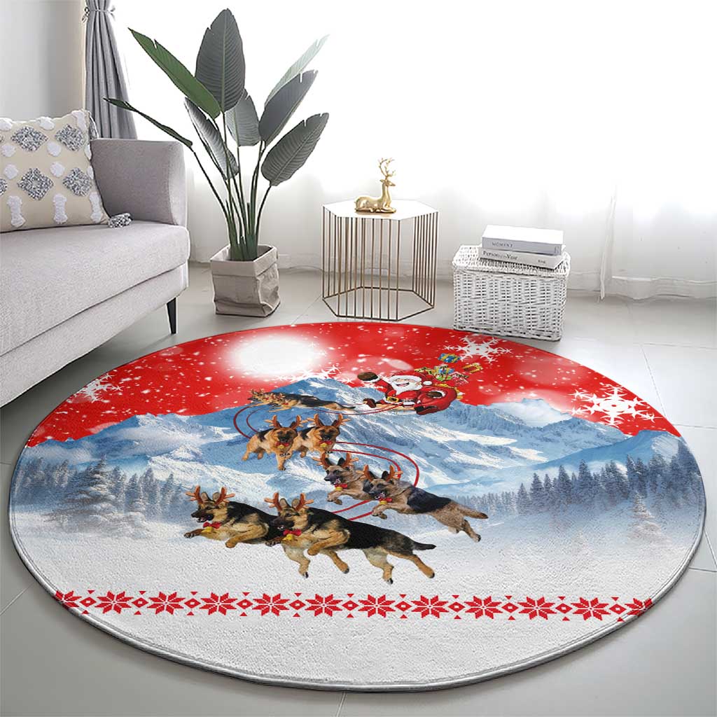 German Shepherd Christmas Round Carpet with Santa Sleigh Ride and Snowy Mountain Design - Wonder Print Shop