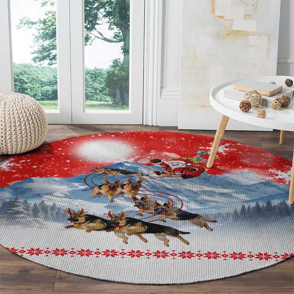 German Shepherd Christmas Round Carpet with Santa Sleigh Ride and Snowy Mountain Design - Wonder Print Shop