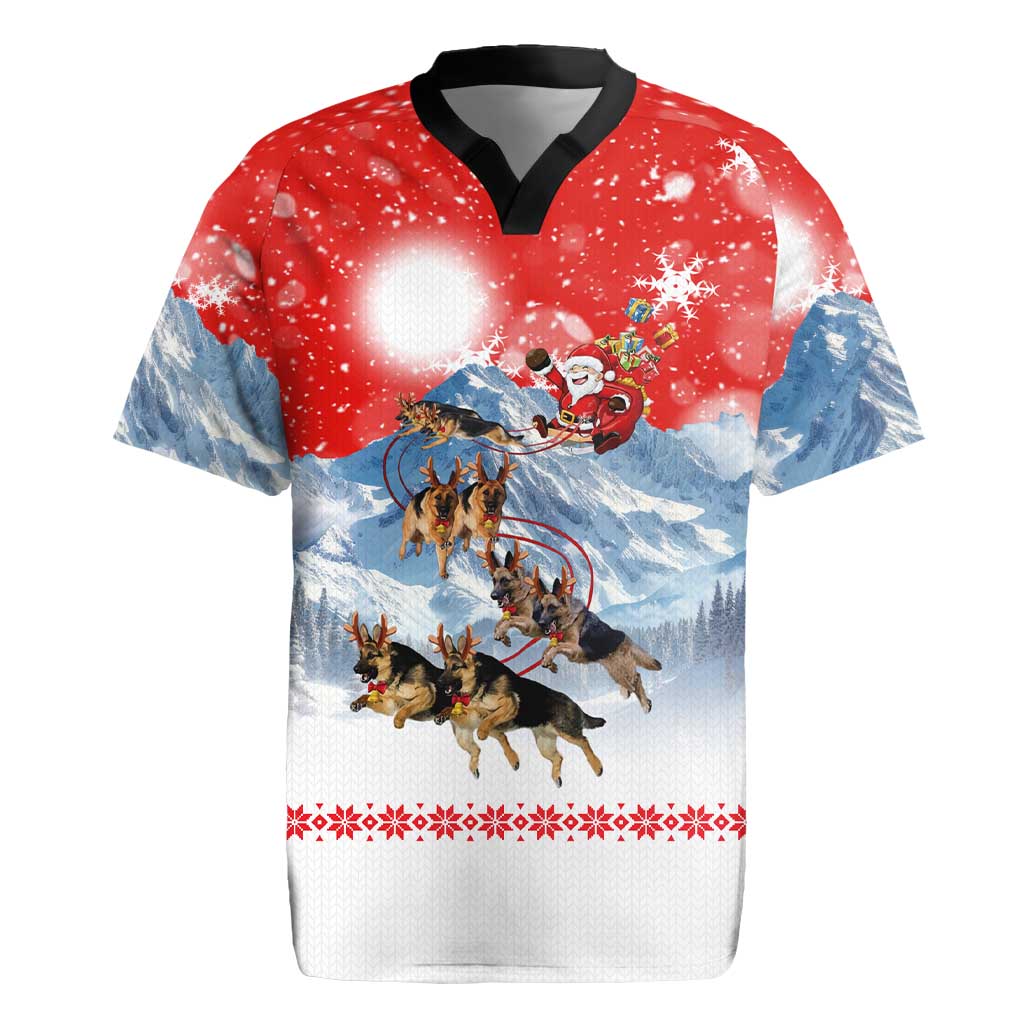 German Shepherd Christmas Rugby Jersey with Santa Sleigh Ride and Snowy Mountain Design - Wonder Print Shop