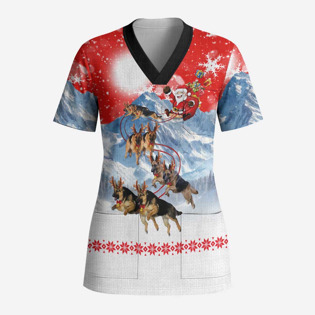 German Shepherd Christmas Scrub Top with Santa Sleigh Ride and Snowy Mountain Design - Wonder Print Shop