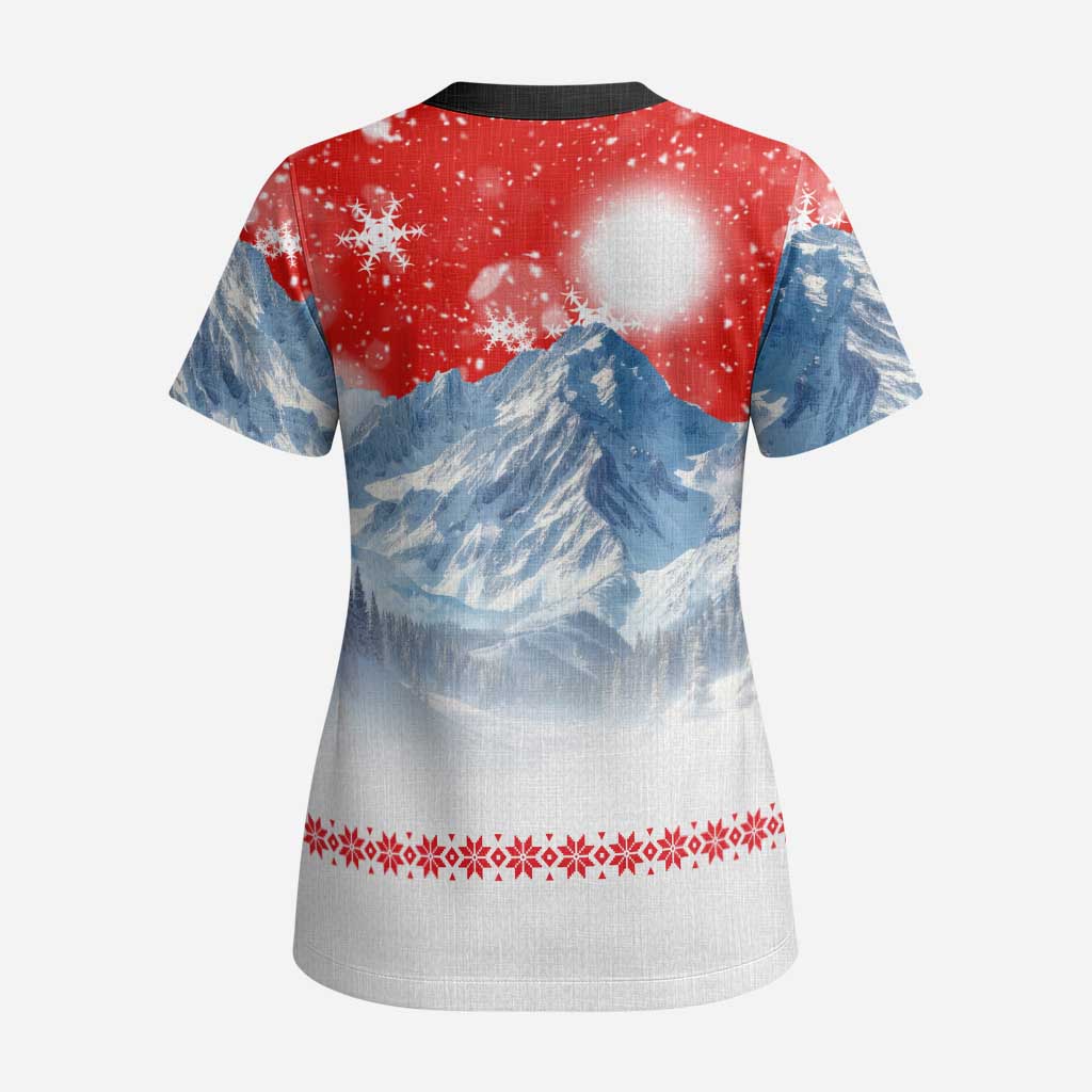 German Shepherd Christmas Scrub Top with Santa Sleigh Ride and Snowy Mountain Design - Wonder Print Shop