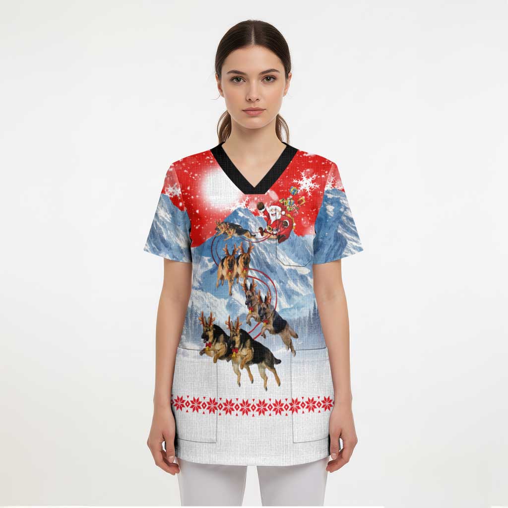 German Shepherd Christmas Scrub Top with Santa Sleigh Ride and Snowy Mountain Design - Wonder Print Shop