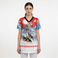 German Shepherd Christmas Scrub Top with Santa Sleigh Ride and Snowy Mountain Design - Wonder Print Shop