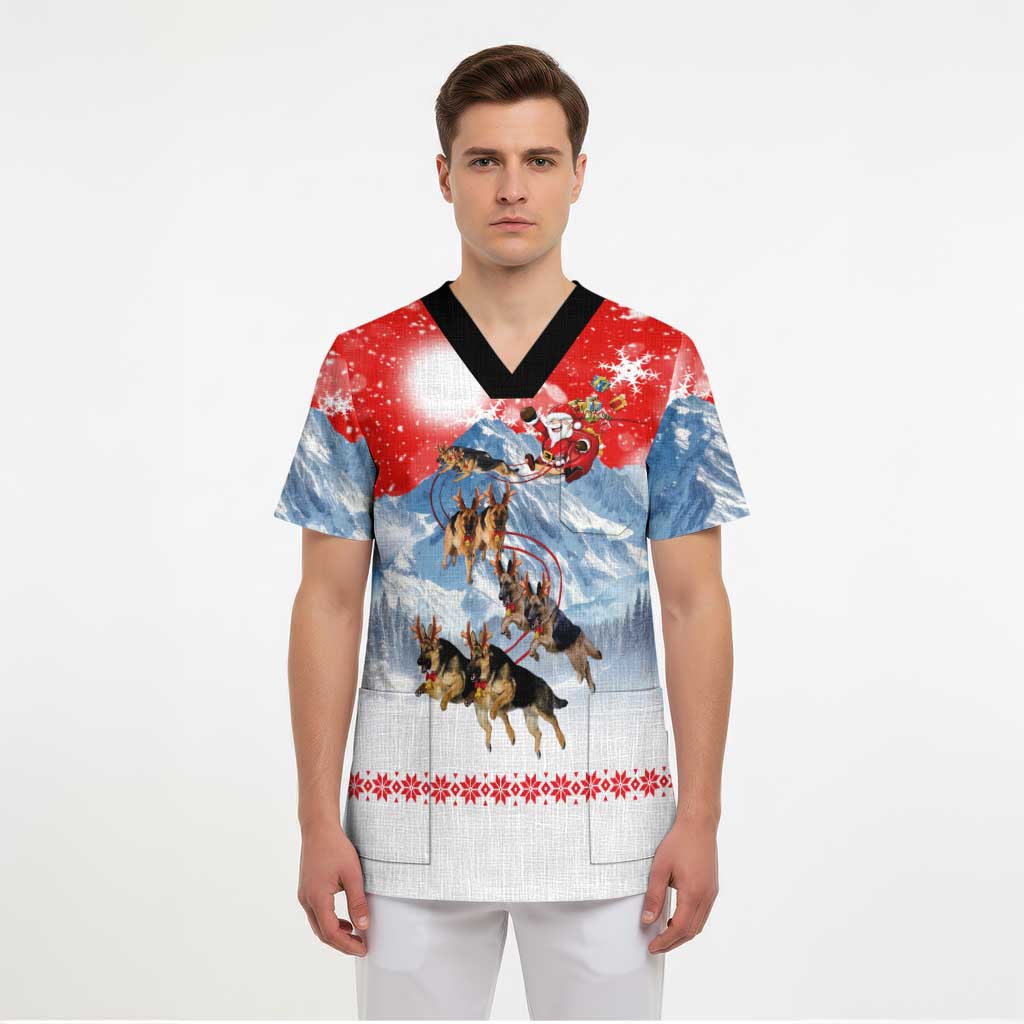 German Shepherd Christmas Scrub Top with Santa Sleigh Ride and Snowy Mountain Design - Wonder Print Shop