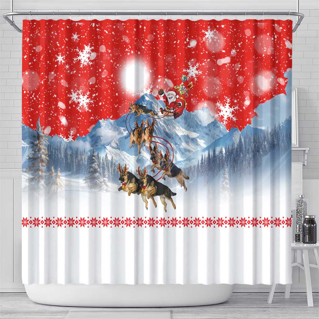 German Shepherd Christmas Shower Curtain with Santa Sleigh Ride and Snowy Mountain Design - Wonder Print Shop