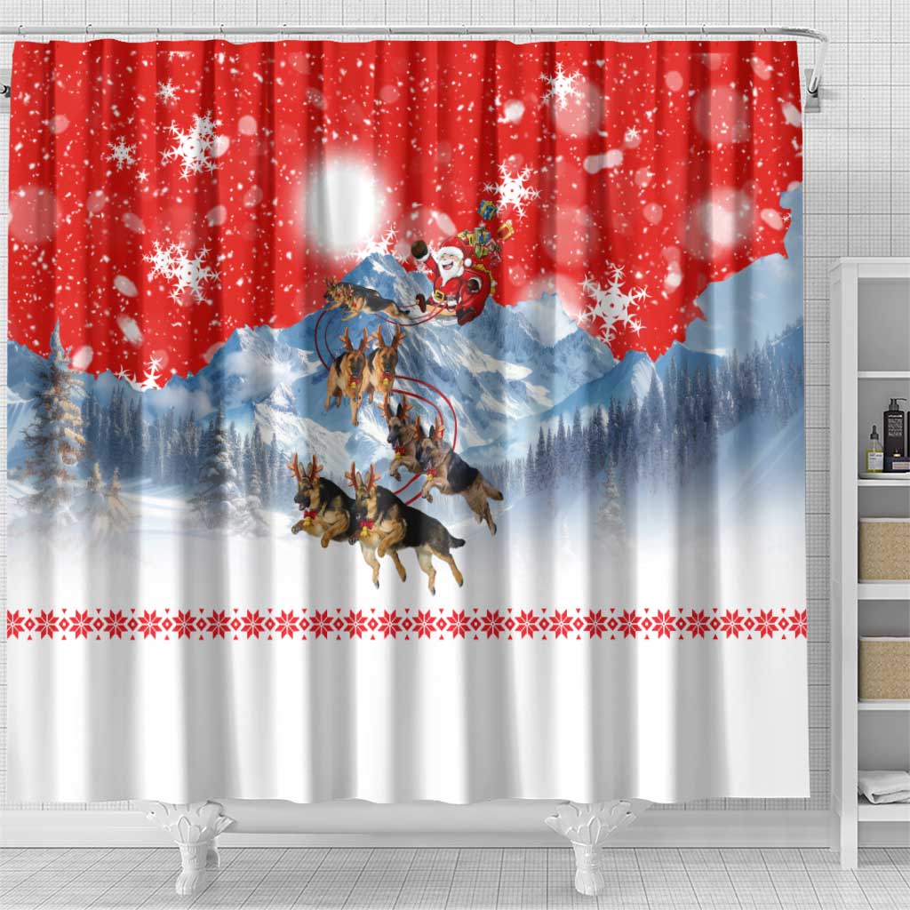 German Shepherd Christmas Shower Curtain with Santa Sleigh Ride and Snowy Mountain Design - Wonder Print Shop