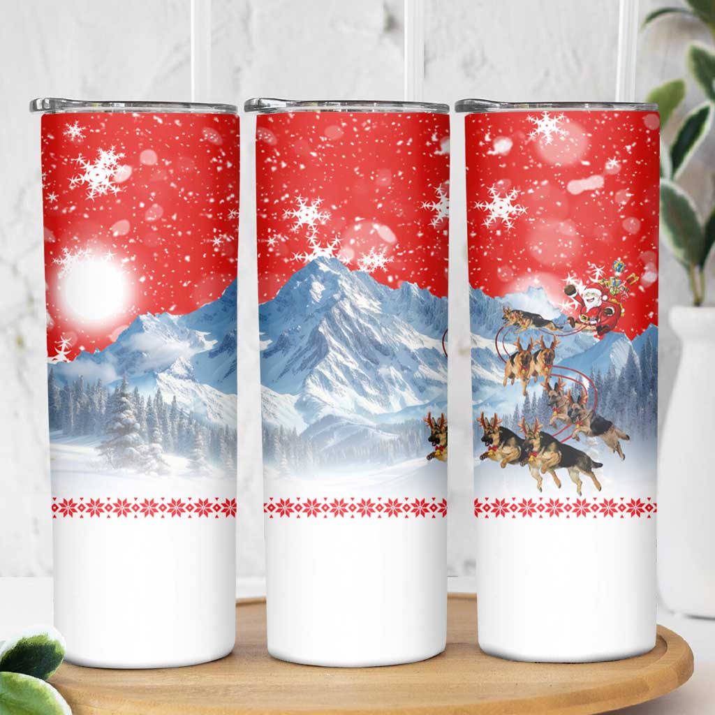 German Shepherd Christmas Skinny Tumbler with Santa Sleigh Ride and Snowy Mountain Design - Wonder Print Shop