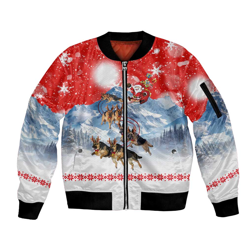 German Shepherd Christmas Sleeve Zip Bomber Jacket with Santa Sleigh Ride and Snowy Mountain Design - Wonder Print Shop