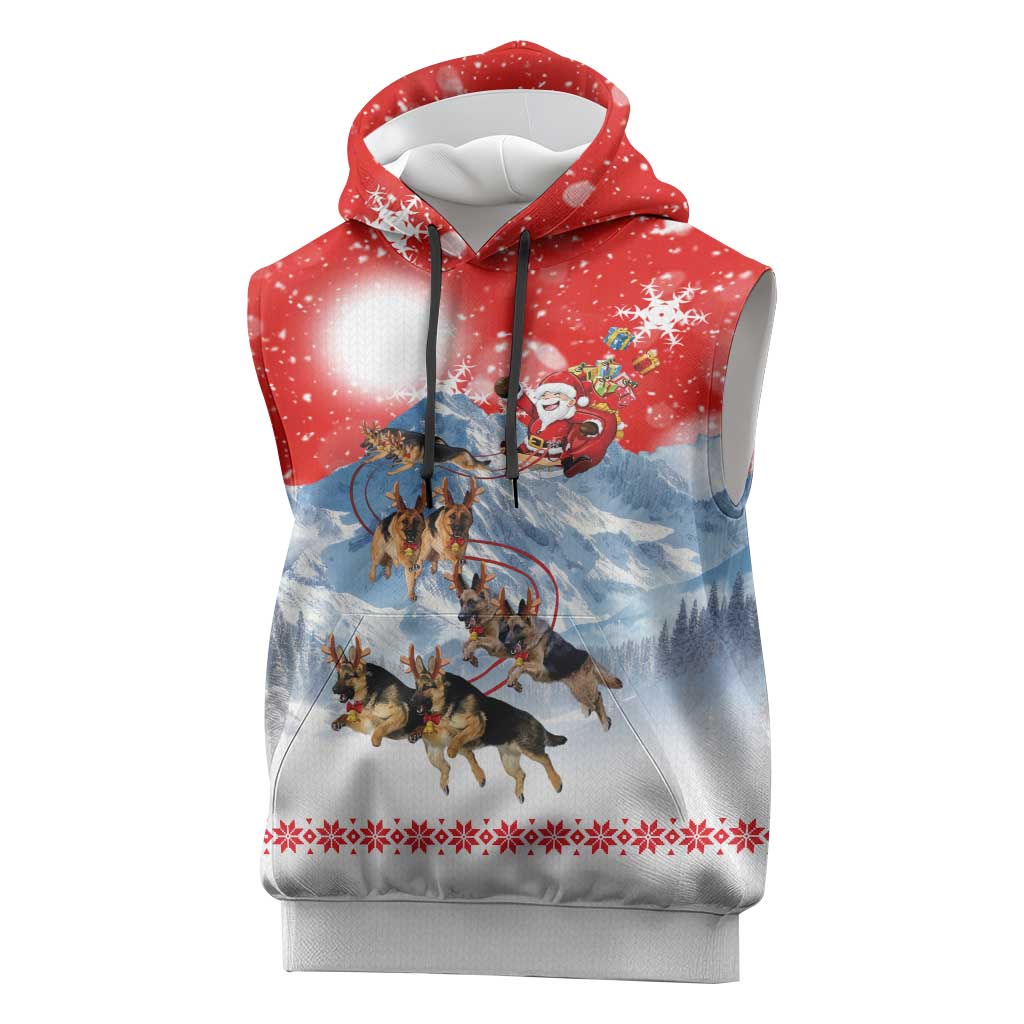 German Shepherd Christmas Sleeveless Hoodie with Santa Sleigh Ride and Snowy Mountain Design - Wonder Print Shop