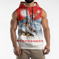 German Shepherd Christmas Sleeveless Hoodie with Santa Sleigh Ride and Snowy Mountain Design - Wonder Print Shop