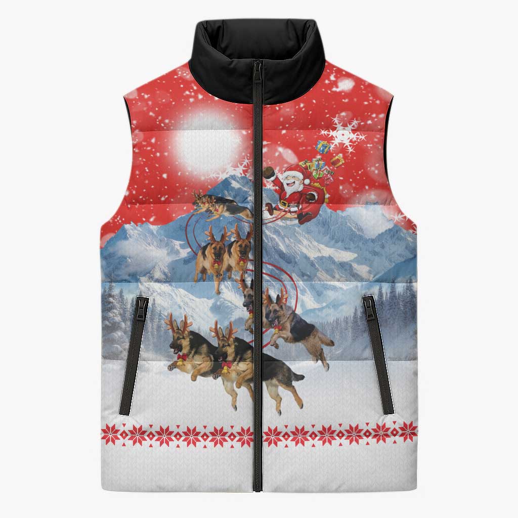German Shepherd Christmas Sleeveless Puffer Jacket with Santa Sleigh Ride and Snowy Mountain Design - Wonder Print Shop