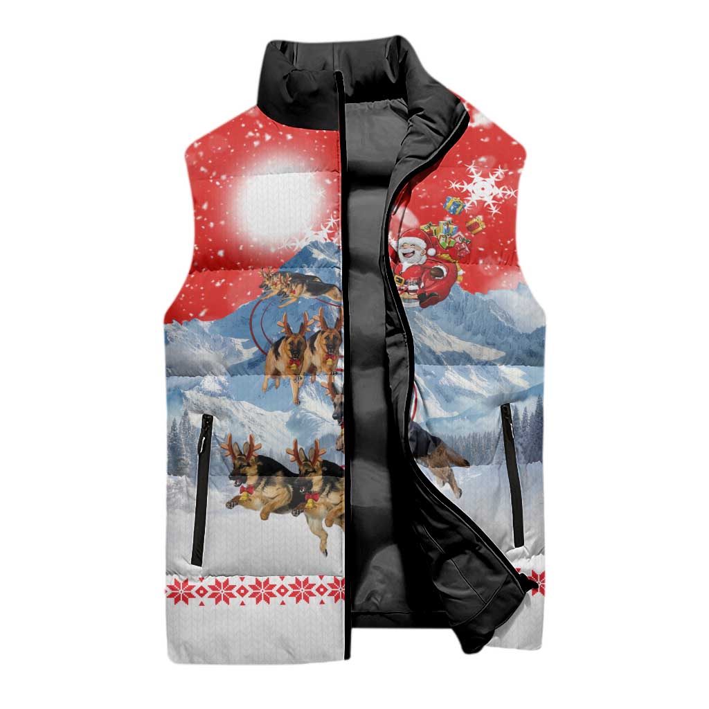 German Shepherd Christmas Sleeveless Puffer Jacket with Santa Sleigh Ride and Snowy Mountain Design - Wonder Print Shop