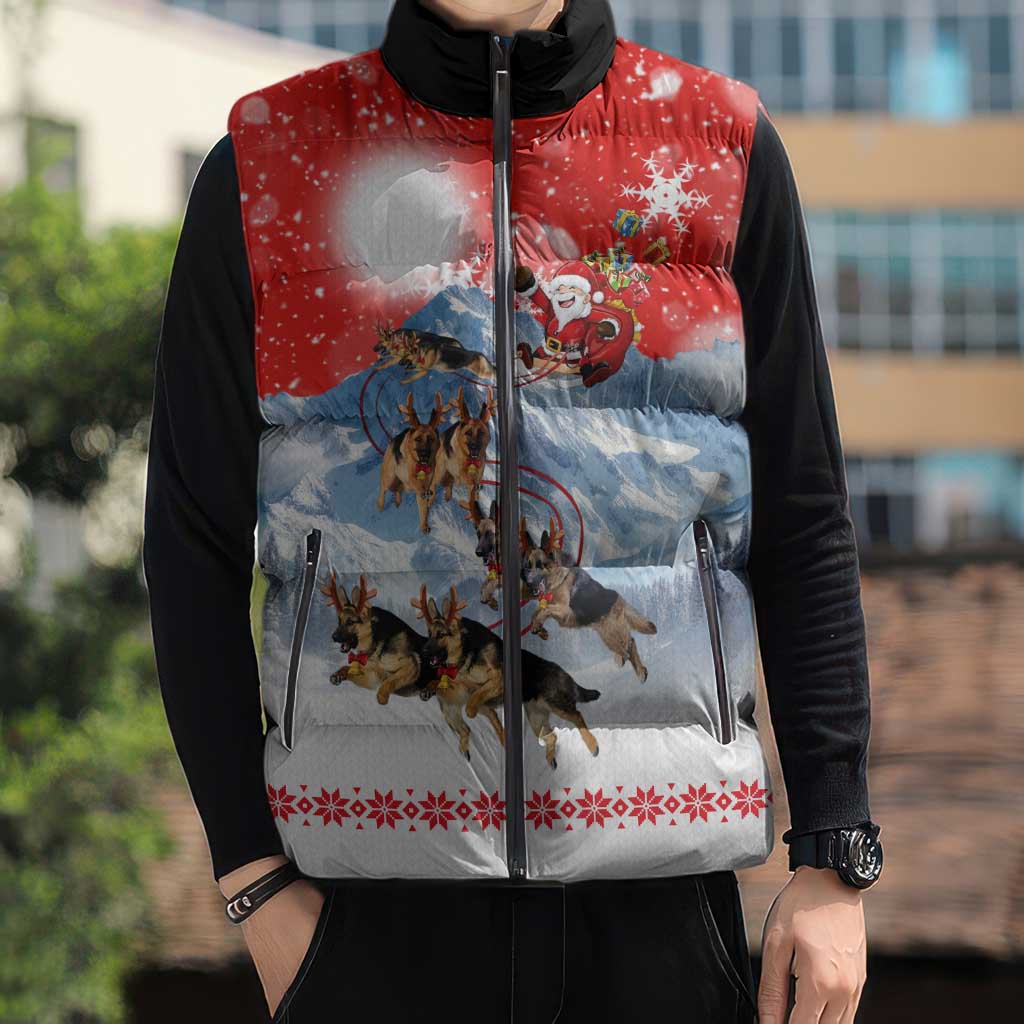 German Shepherd Christmas Sleeveless Puffer Jacket with Santa Sleigh Ride and Snowy Mountain Design - Wonder Print Shop