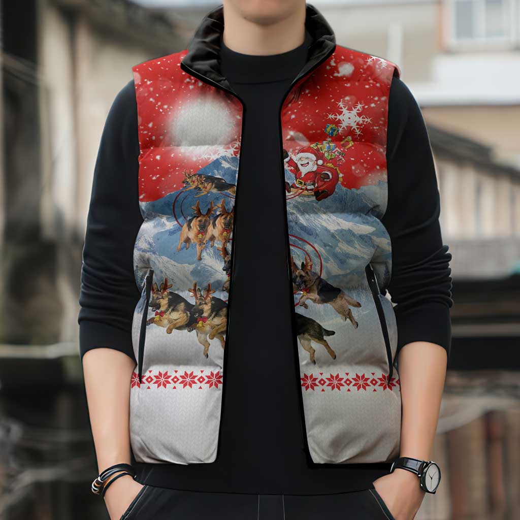 German Shepherd Christmas Sleeveless Puffer Jacket with Santa Sleigh Ride and Snowy Mountain Design - Wonder Print Shop