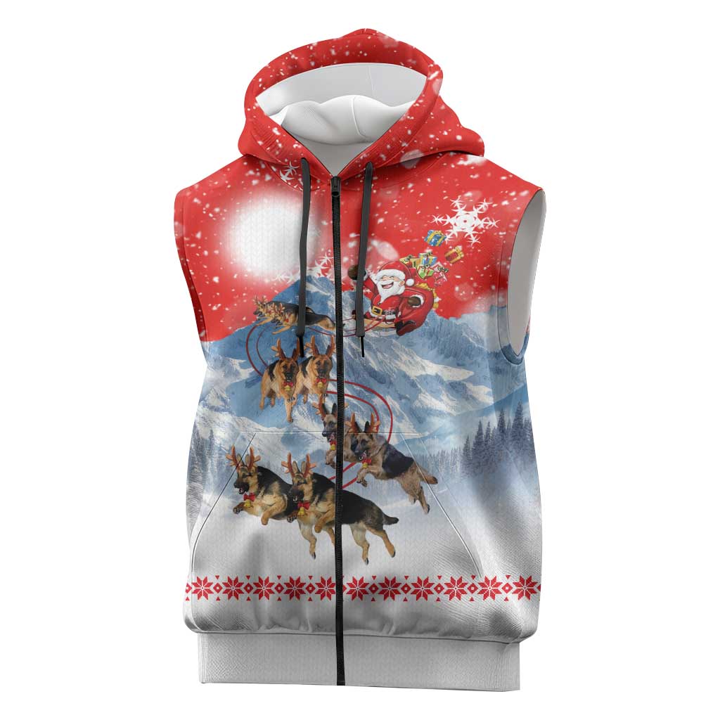German Shepherd Christmas Sleeveless Zip Hoodie with Santa Sleigh Ride and Snowy Mountain Design - Wonder Print Shop