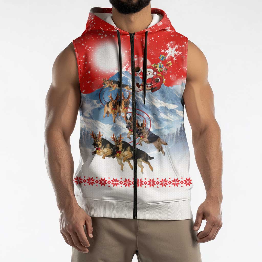 German Shepherd Christmas Sleeveless Zip Hoodie with Santa Sleigh Ride and Snowy Mountain Design - Wonder Print Shop