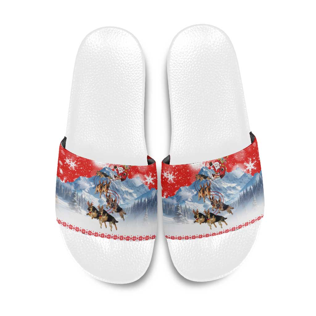 German Shepherd Christmas Slide Sandals with Santa Sleigh Ride and Snowy Mountain Design - Wonder Print Shop