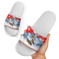 German Shepherd Christmas Slide Sandals with Santa Sleigh Ride and Snowy Mountain Design - Wonder Print Shop