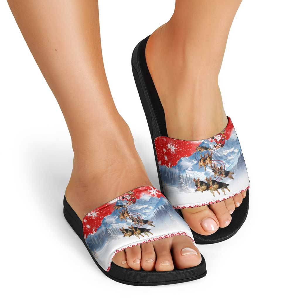 German Shepherd Christmas Slide Sandals with Santa Sleigh Ride and Snowy Mountain Design - Wonder Print Shop