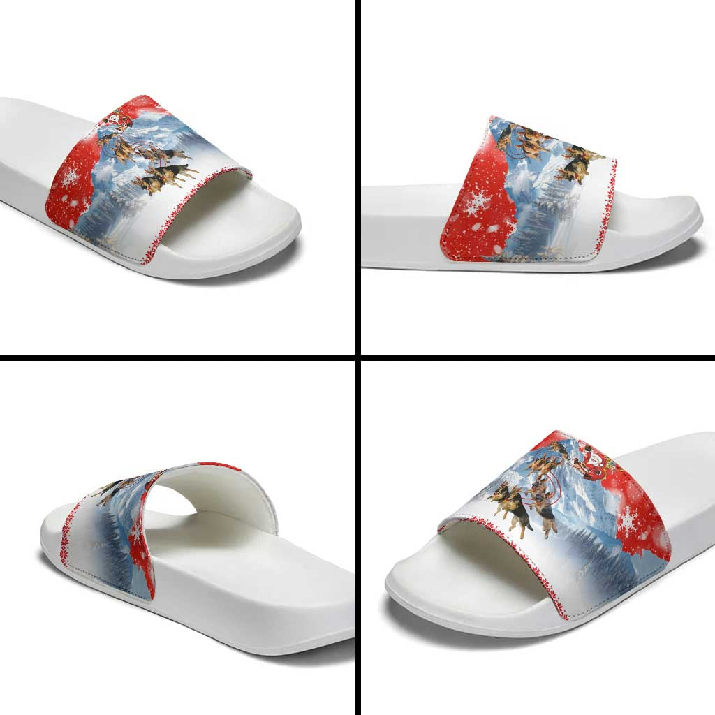 German Shepherd Christmas Slide Sandals with Santa Sleigh Ride and Snowy Mountain Design - Wonder Print Shop