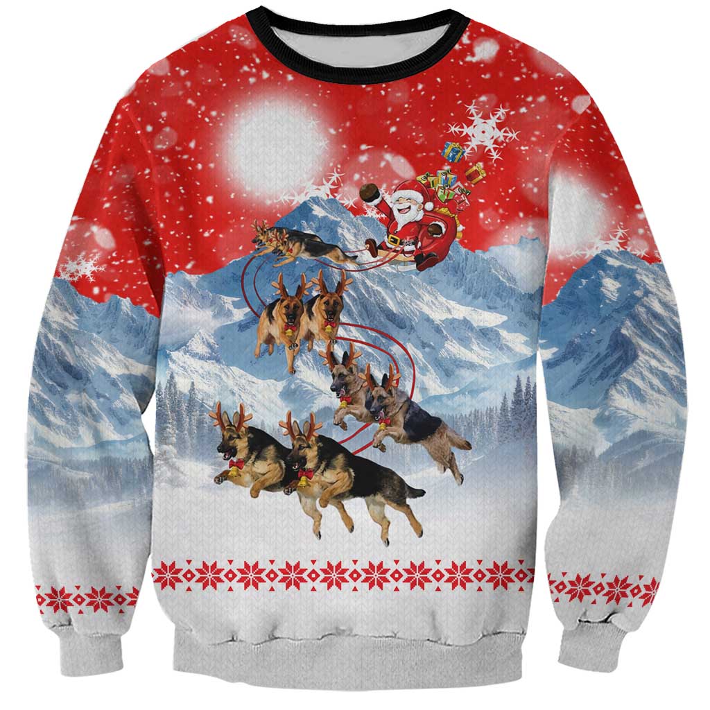 German Shepherd Christmas Sweatshirt with Santa Sleigh Ride and Snowy Mountain Design - Wonder Print Shop