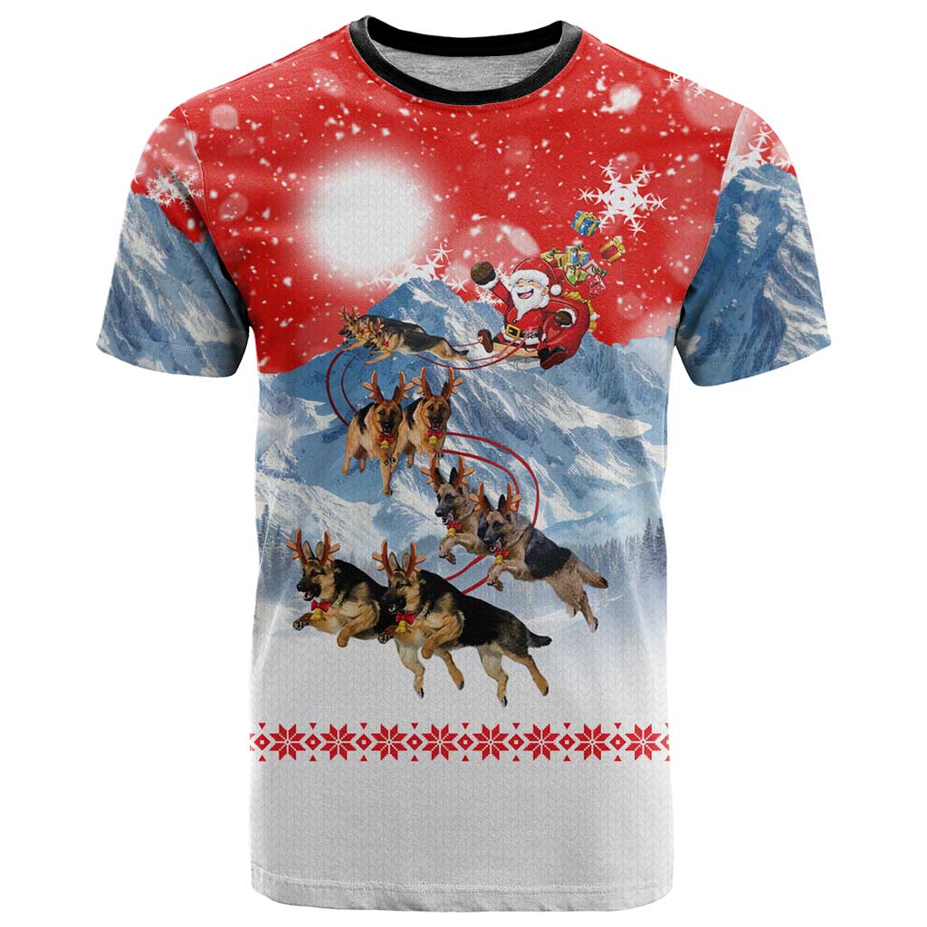 German Shepherd Christmas T Shirt with Santa Sleigh Ride and Snowy Mountain Design - Wonder Print Shop