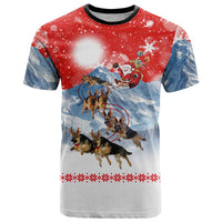 German Shepherd Christmas T Shirt with Santa Sleigh Ride and Snowy Mountain Design - Wonder Print Shop