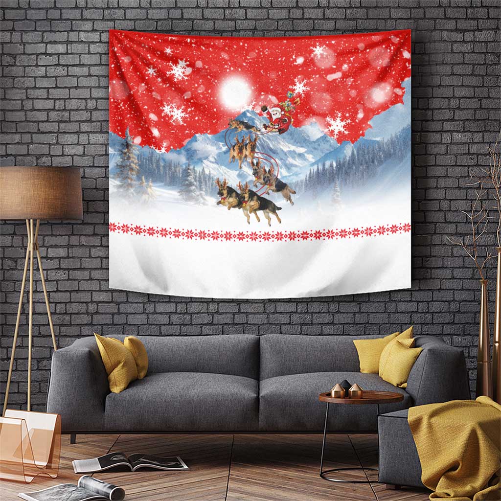 German Shepherd Christmas Tapestry with Santa Sleigh Ride and Snowy Mountain Design - Wonder Print Shop