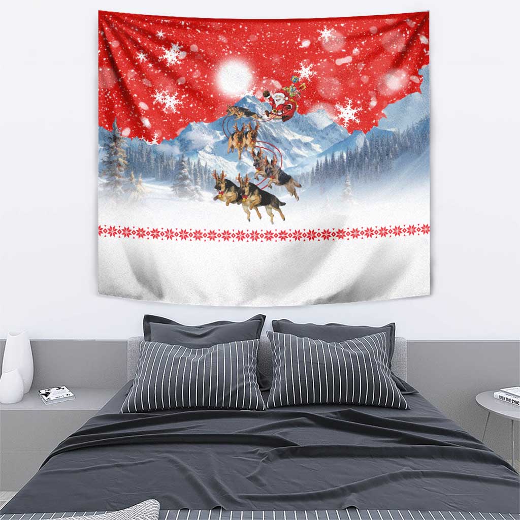 German Shepherd Christmas Tapestry with Santa Sleigh Ride and Snowy Mountain Design - Wonder Print Shop